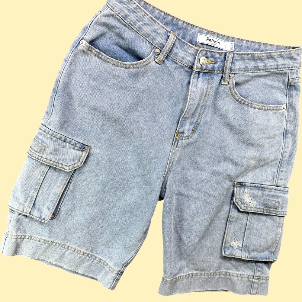 Refrain Denim Cargo Shorts Woman 5/27 Blue Distressed Utility Pockets Streetwear